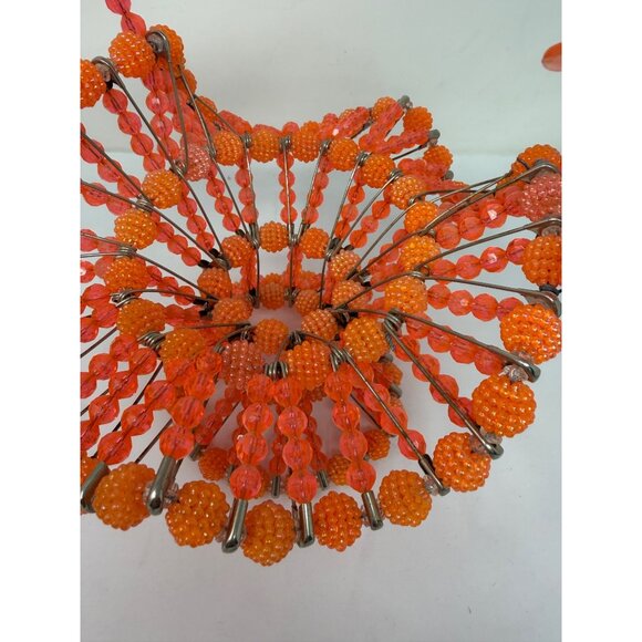 Vintage Handmade 10.5" Safety Pin Beaded Basket In Vibrant Orange & Red Beads - Picture 3 of 6